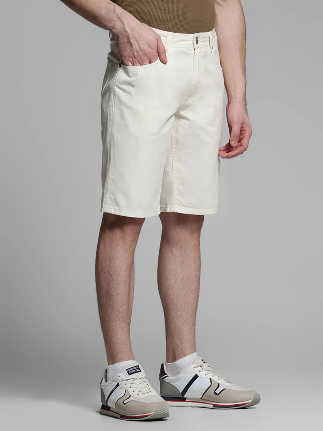 Beige Mid Rise Cotton Shorts - Image 2