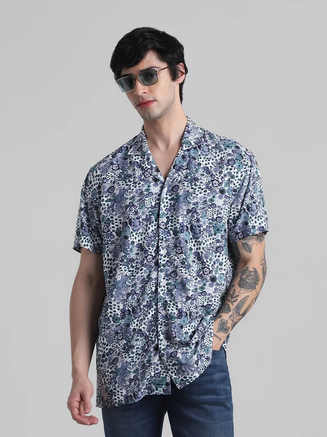 White & Blue Floral Print Shirt