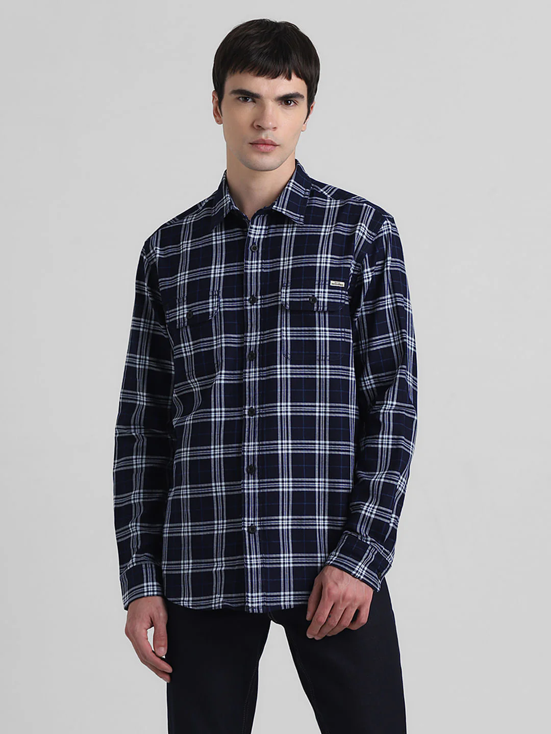 Dark Blue Check Print Cotton Shirt - Image 2