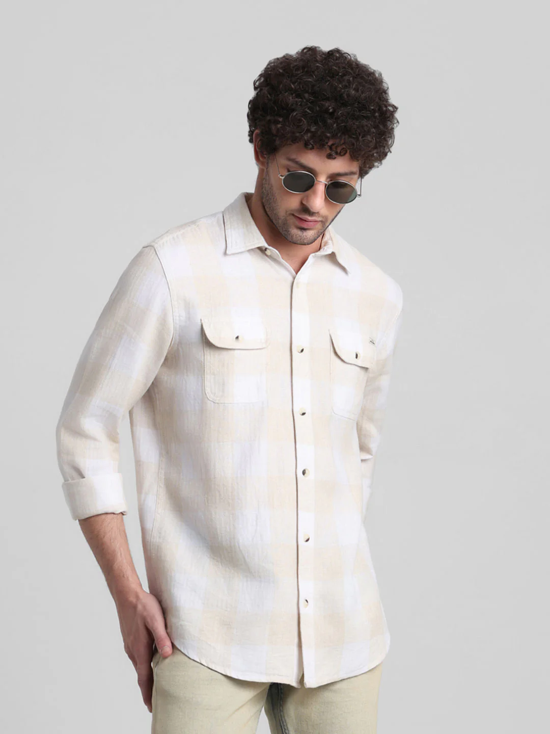 Beige Check Print Full Sleeves Shirt