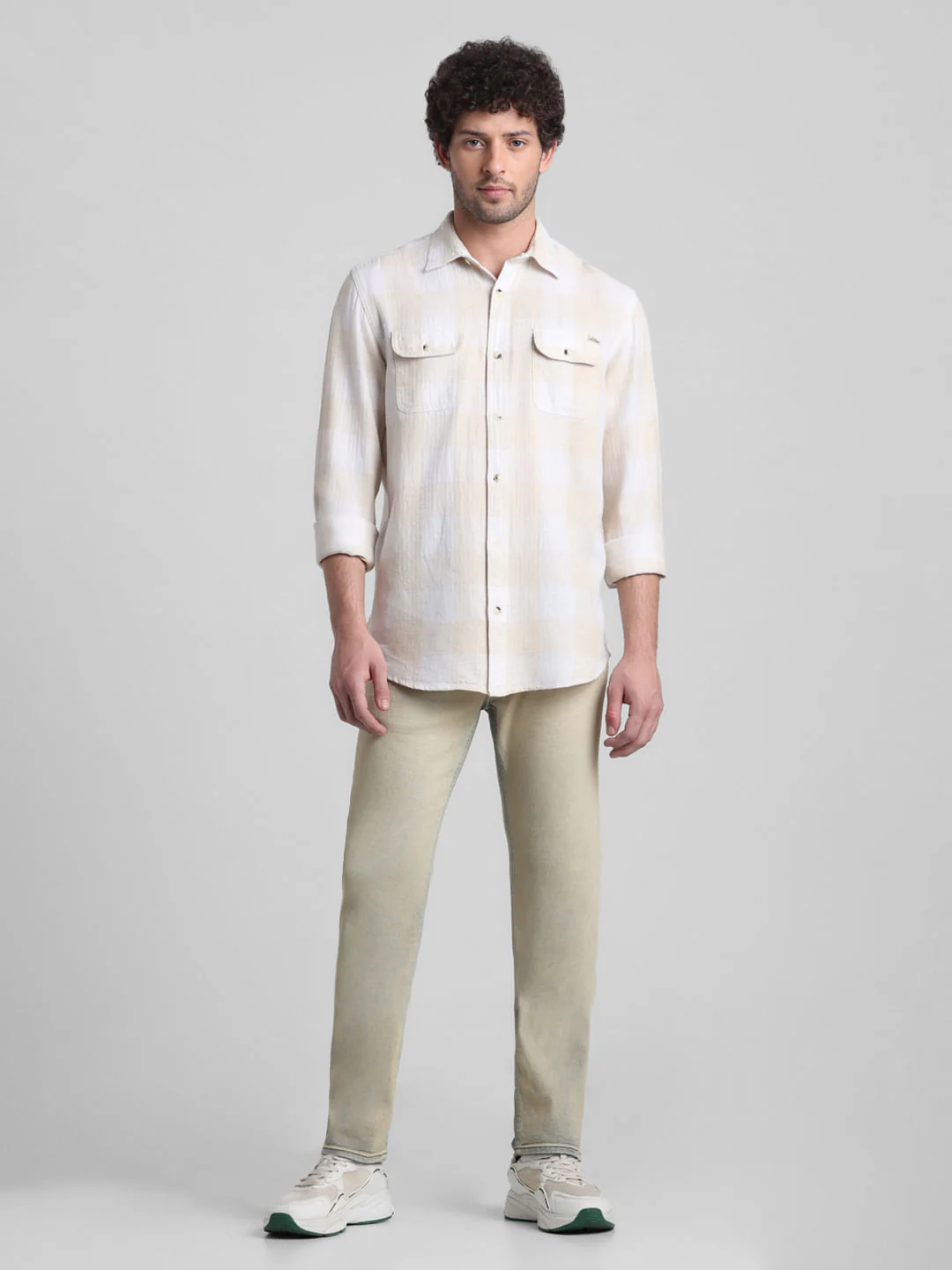 Beige Check Print Full Sleeves Shirt - Image 6