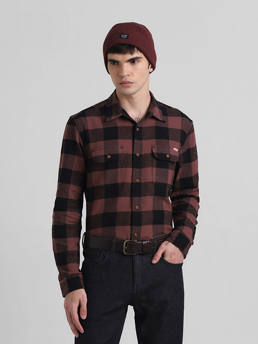 Warm Brown Check Print Shirt