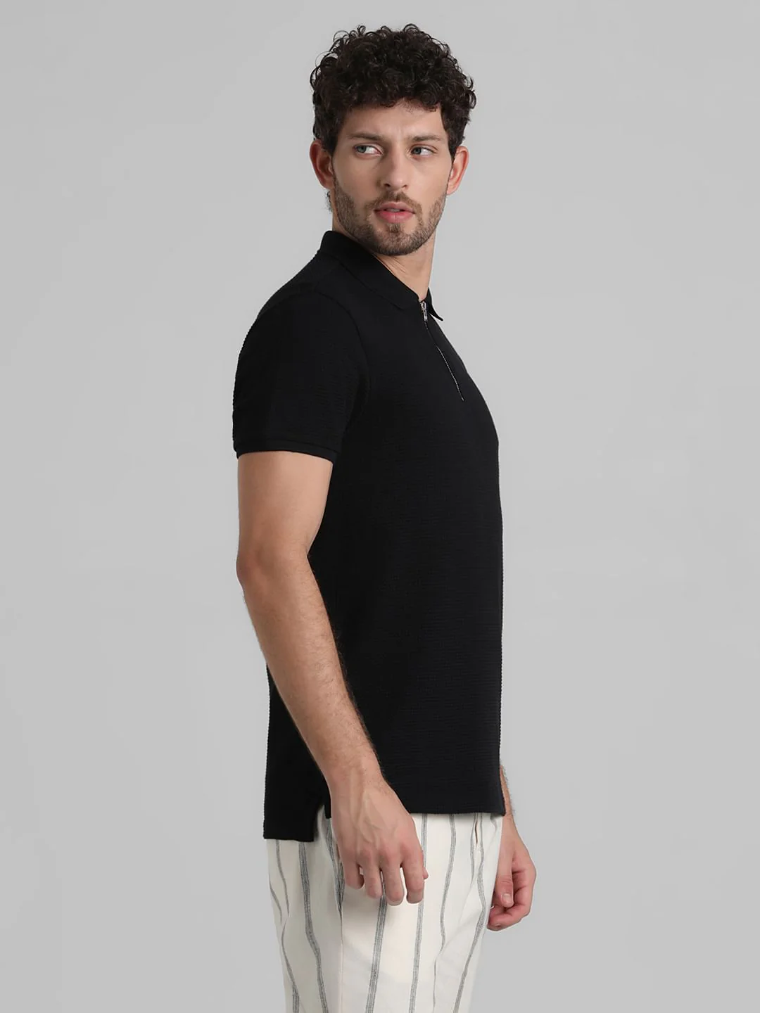 Black Jacquard Zip-Up Polo - Image 3