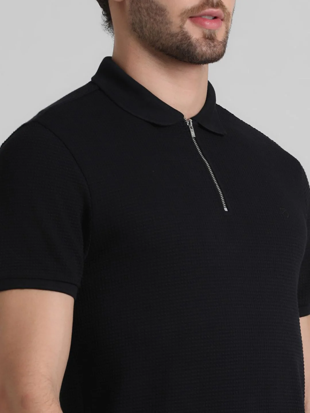 Black Jacquard Zip-Up Polo - Image 5