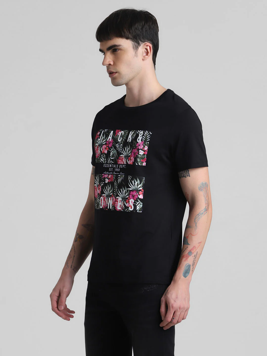 Black Tropical Print Crew Neck T-shirt - Image 3