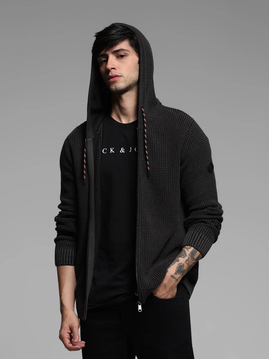 Black Textured Knit Zip-Up Hoodie