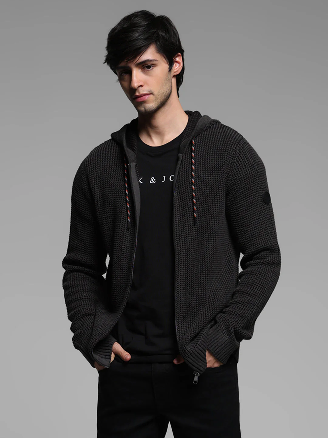 Black Textured Knit Zip-Up Hoodie - Image 2