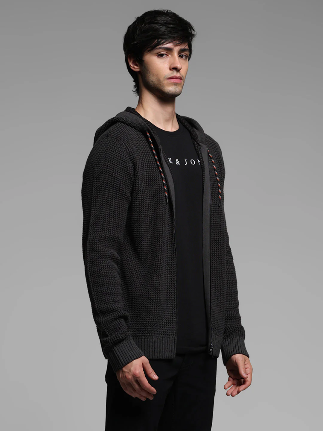 Black Textured Knit Zip-Up Hoodie - Image 3