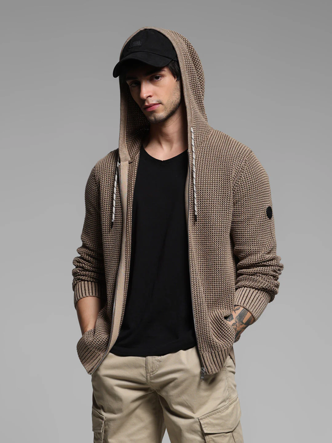 Beige Textured Knit Zip-Up Hoodie