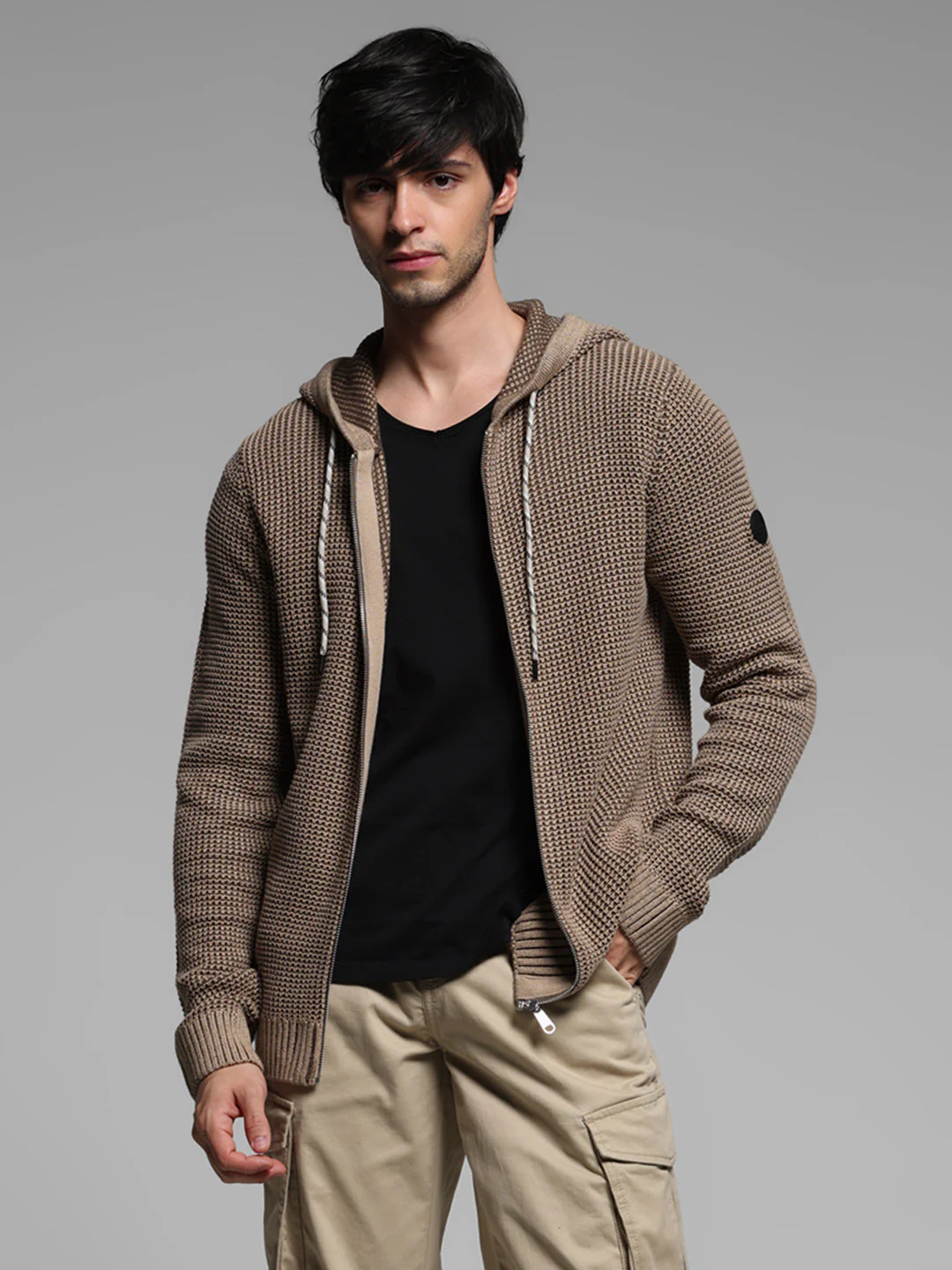 Beige Textured Knit Zip-Up Hoodie - Image 2