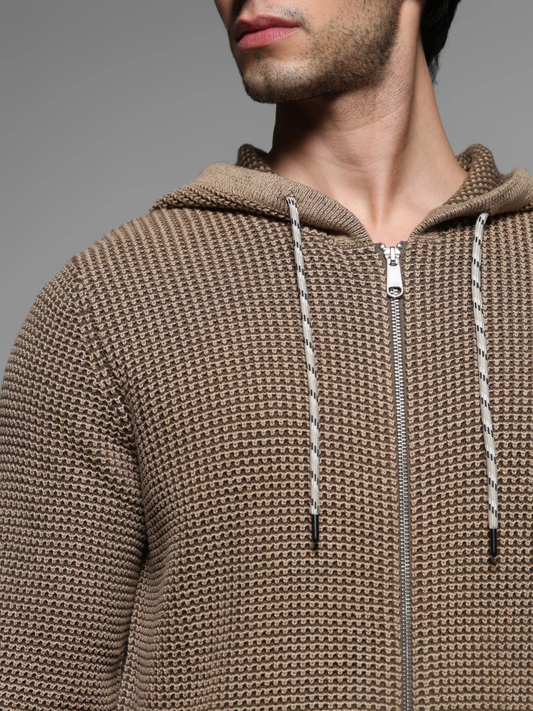 Beige Textured Knit Zip-Up Hoodie - Image 5