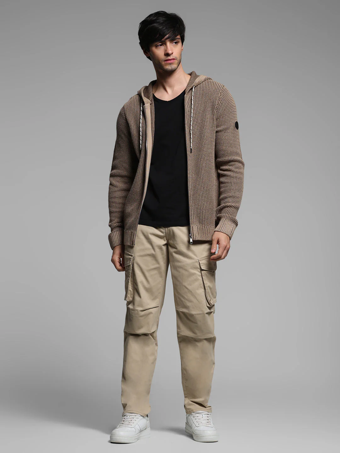 Beige Textured Knit Zip-Up Hoodie - Image 6