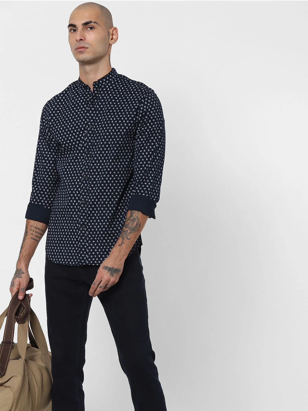 Navy Blue Printed Full Sleeves Shirt