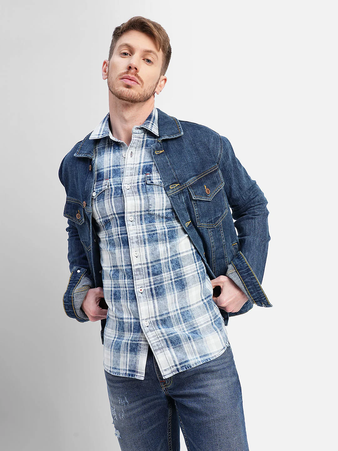 White & Blue Check Print Full Sleeves Shirt