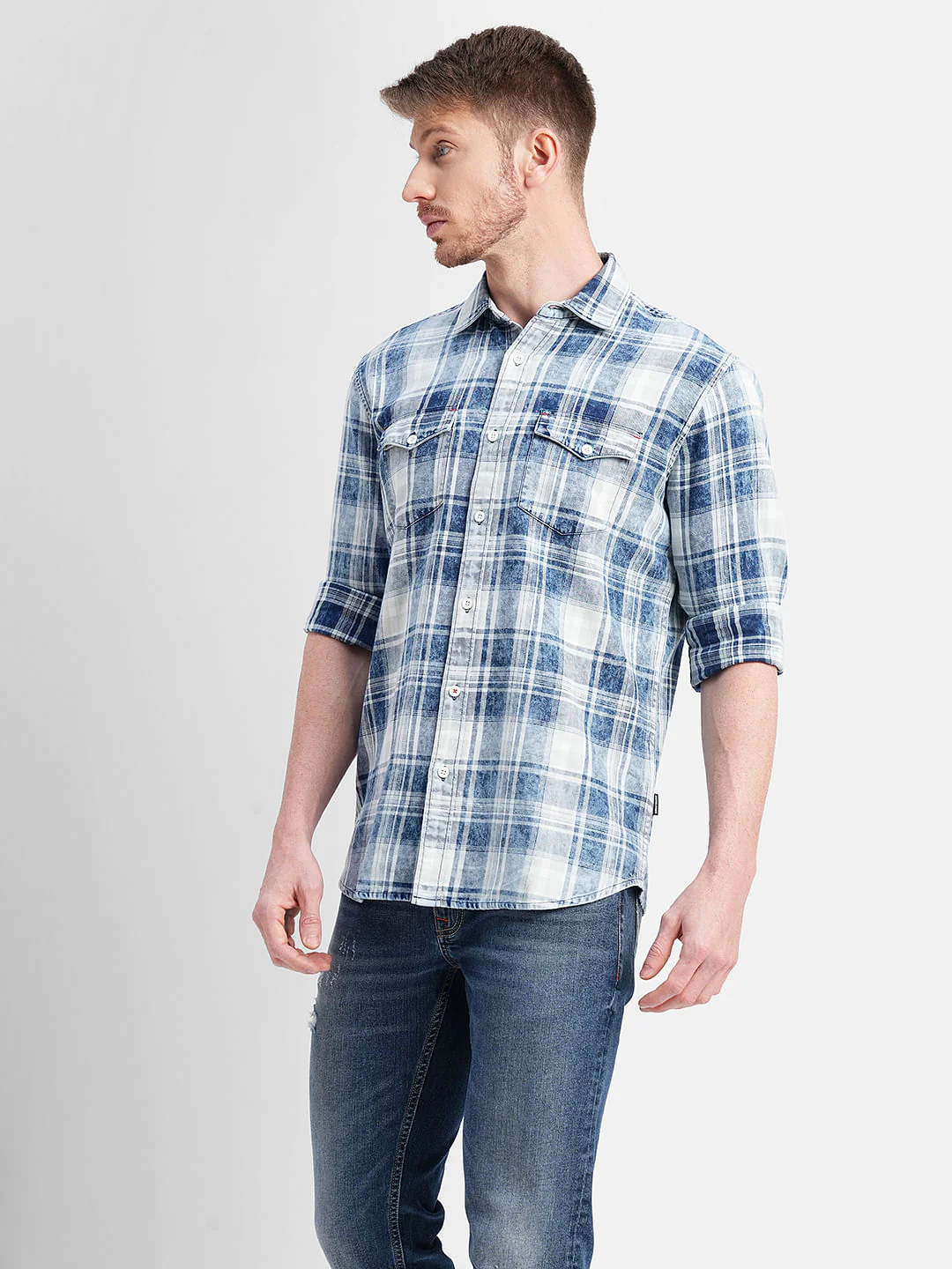 White & Blue Check Print Full Sleeves Shirt - Image 2