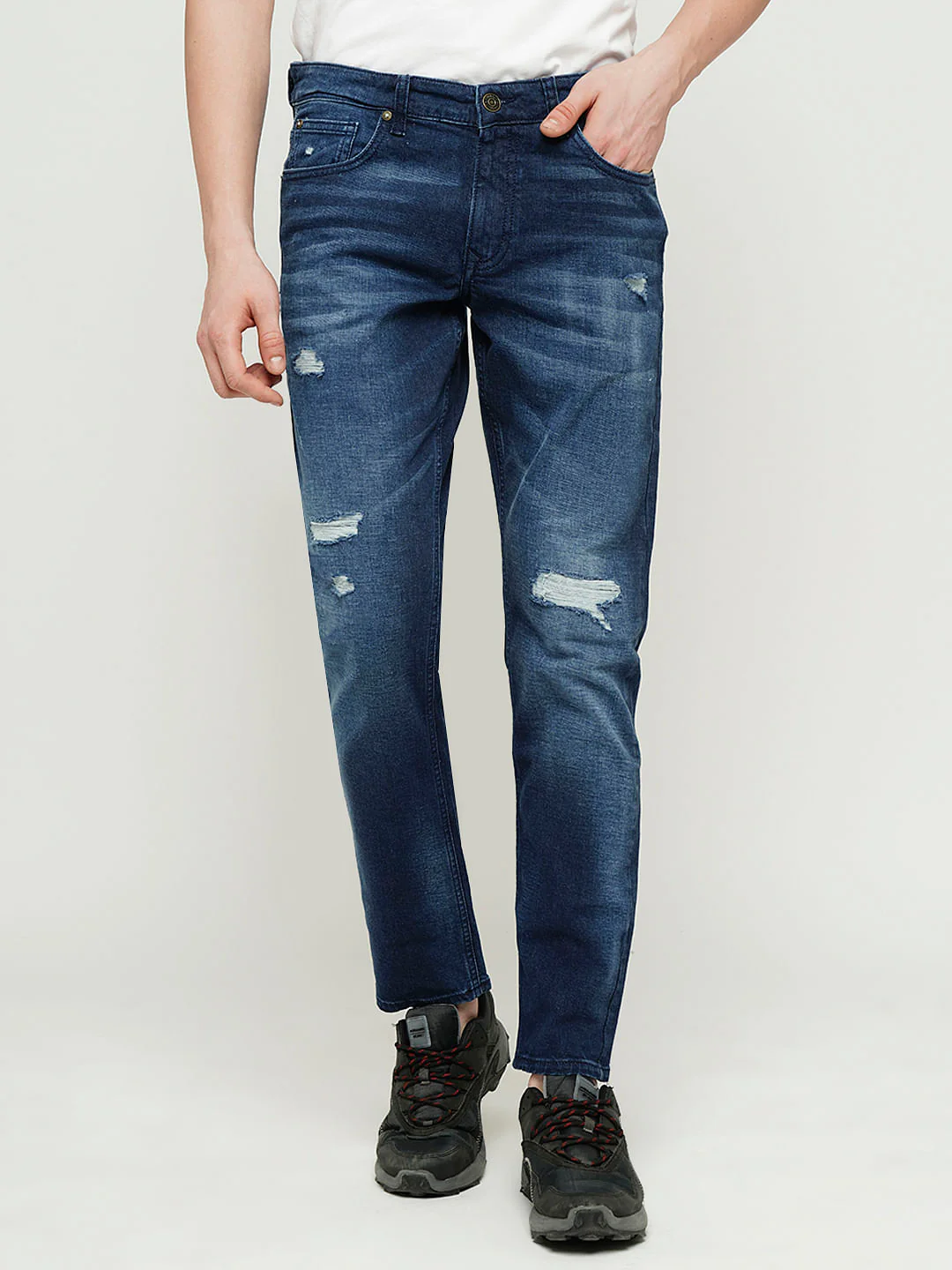 PRODUKT by JACK&JONES Dark Blue Mid Rise Distressed Slim Fit Jeans - Image 2