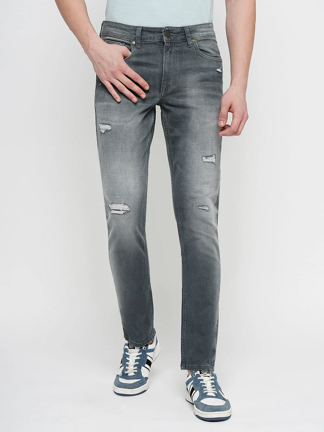 PRODUKT by JACK&JONES Light Grey Mid Rise Distressed Slim Fit Jeans - Image 2