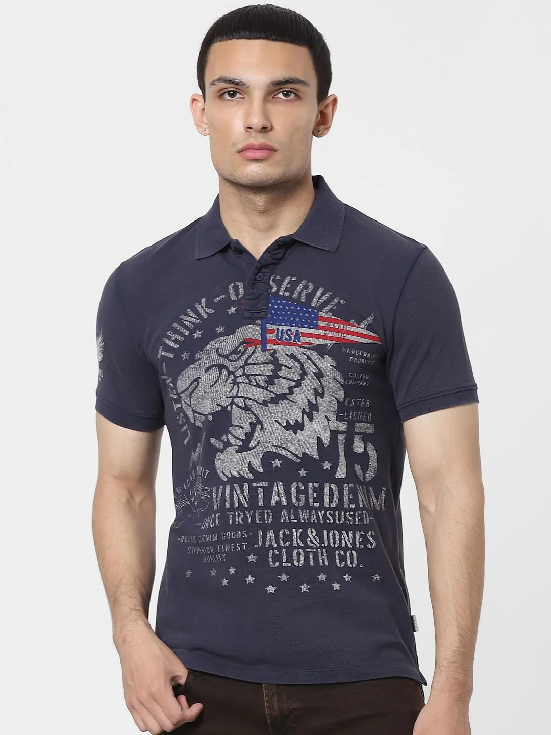 Blue Graphic Print Polo Neck T-shirt - Image 2