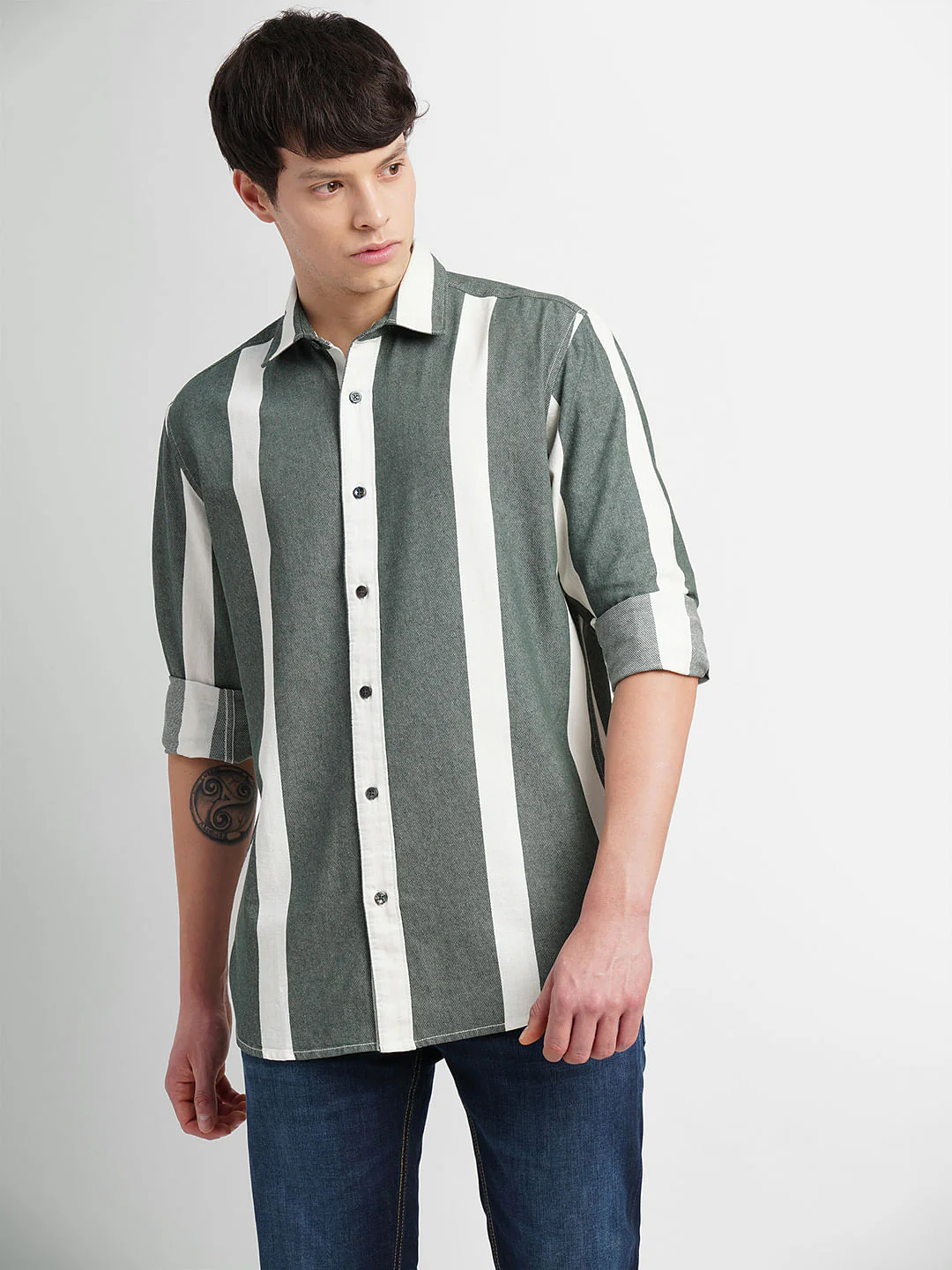 White & Green Striped Full Sleeves Shirt - Image 2