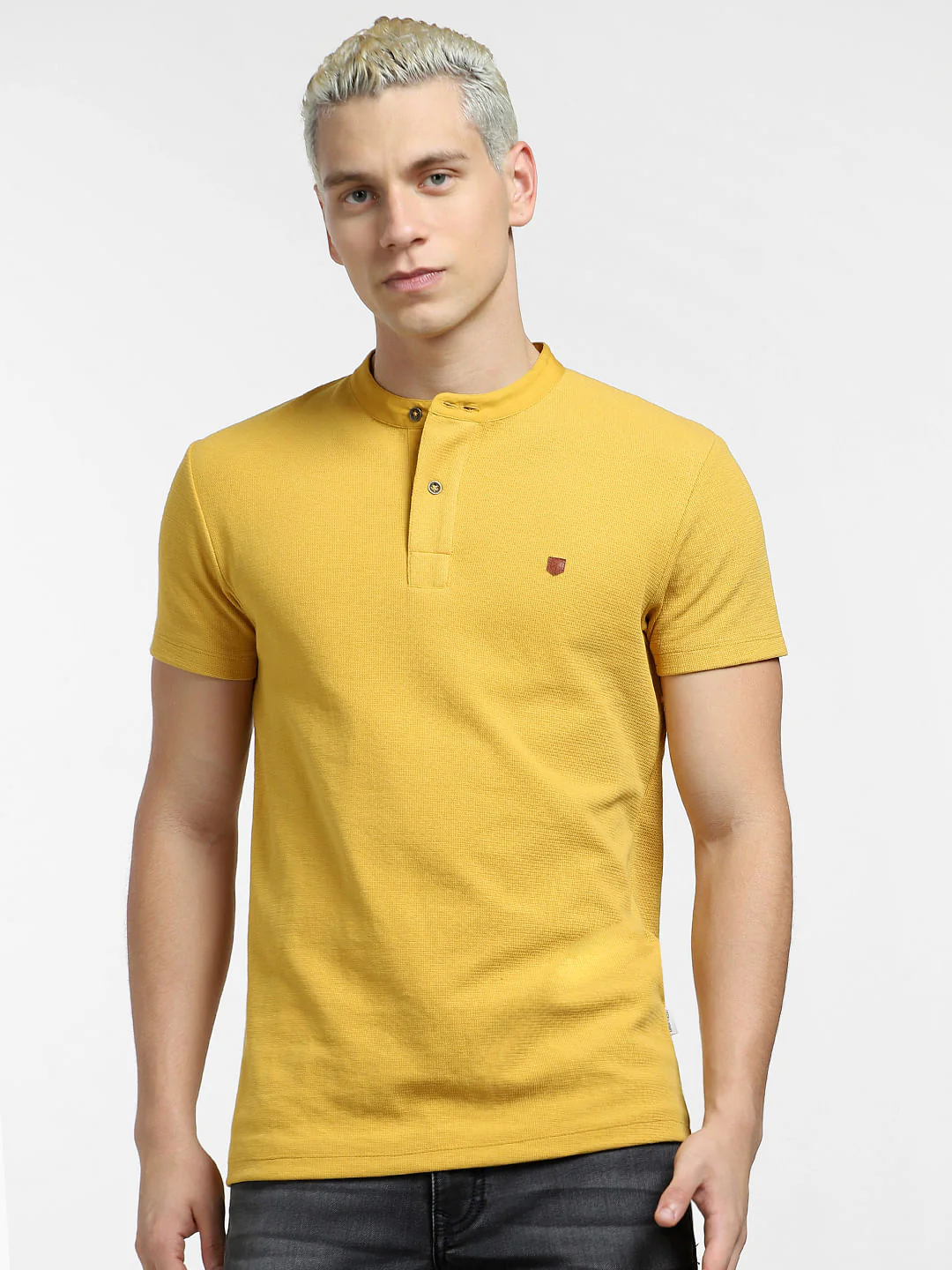 Yellow Cotton Henley T-shirt - Image 2