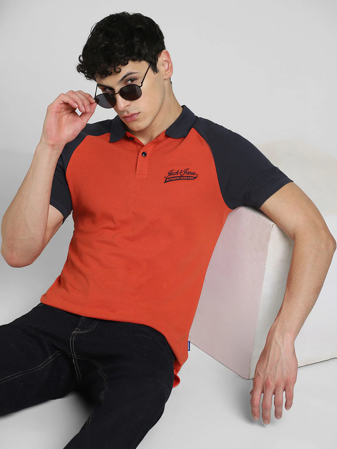 Orange Colourblocked Polo Neck T-shirt