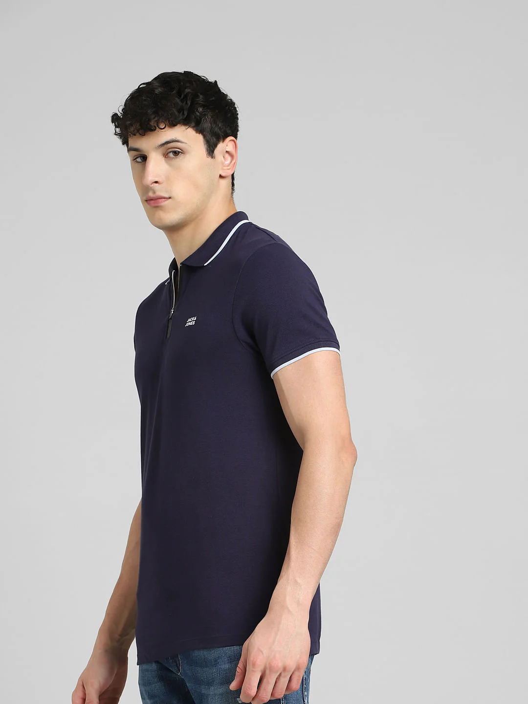 Blue Front Zip Polo Neck T-shirt - Image 3