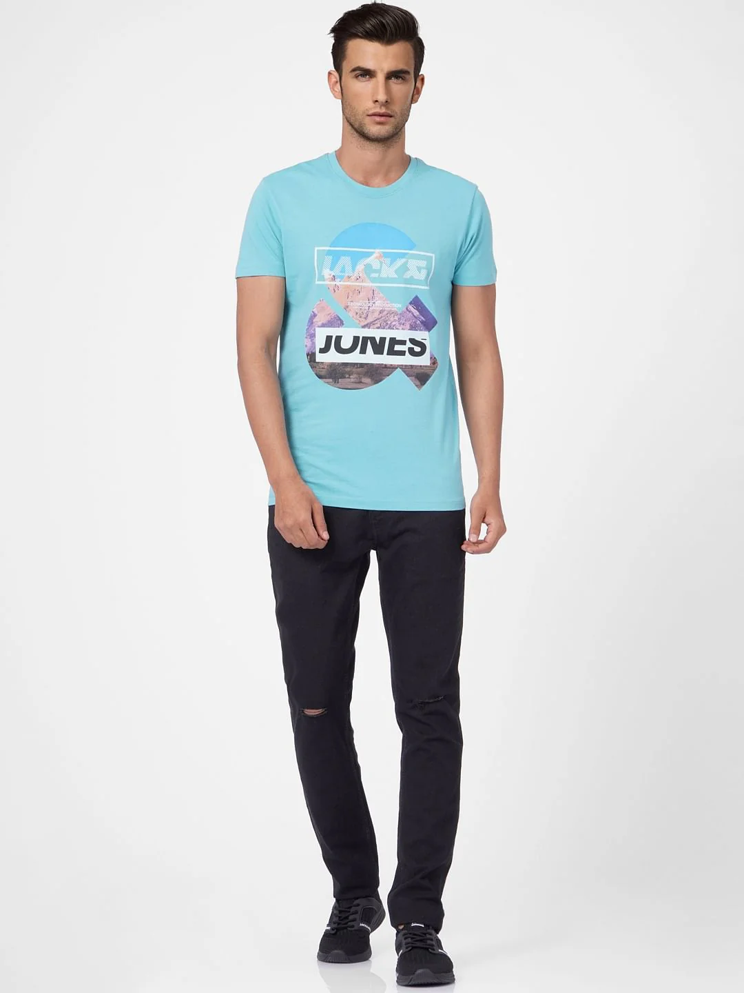 Blue Graphic Print Crew Neck T-shirt - Image 6