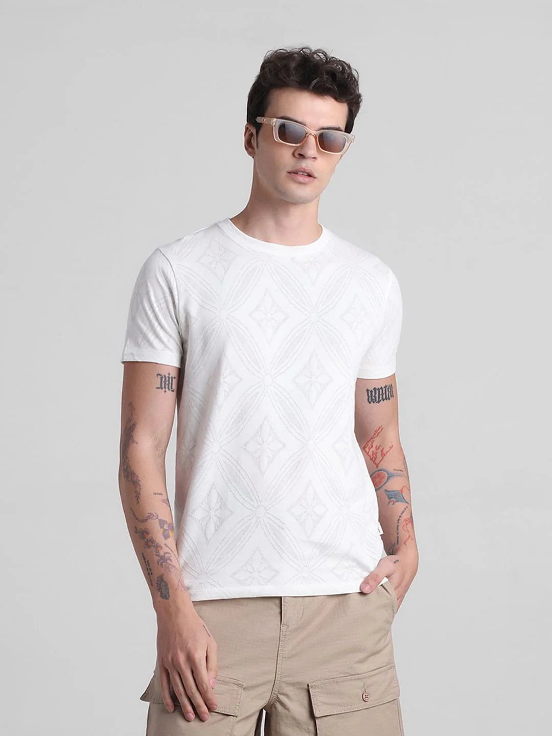 White Printed Jacquard Cotton T-shirt