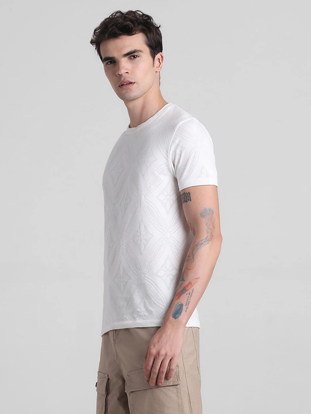 White Printed Jacquard Cotton T-shirt - Image 3