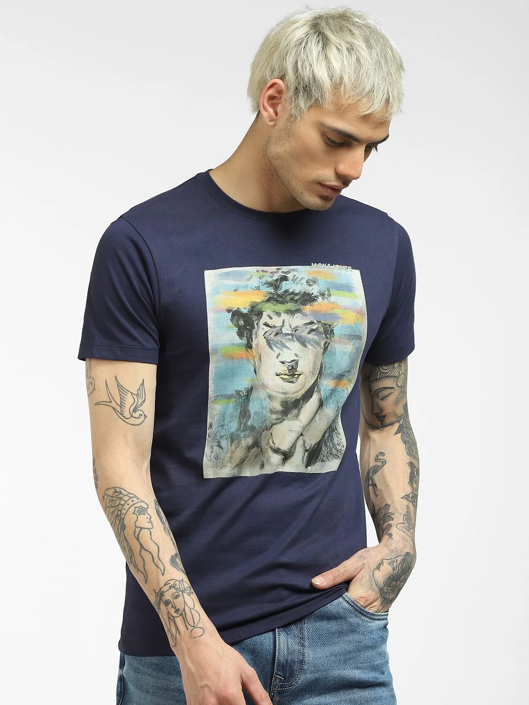 Blue Graphic Print Crew Neck T-shirt - Image 2