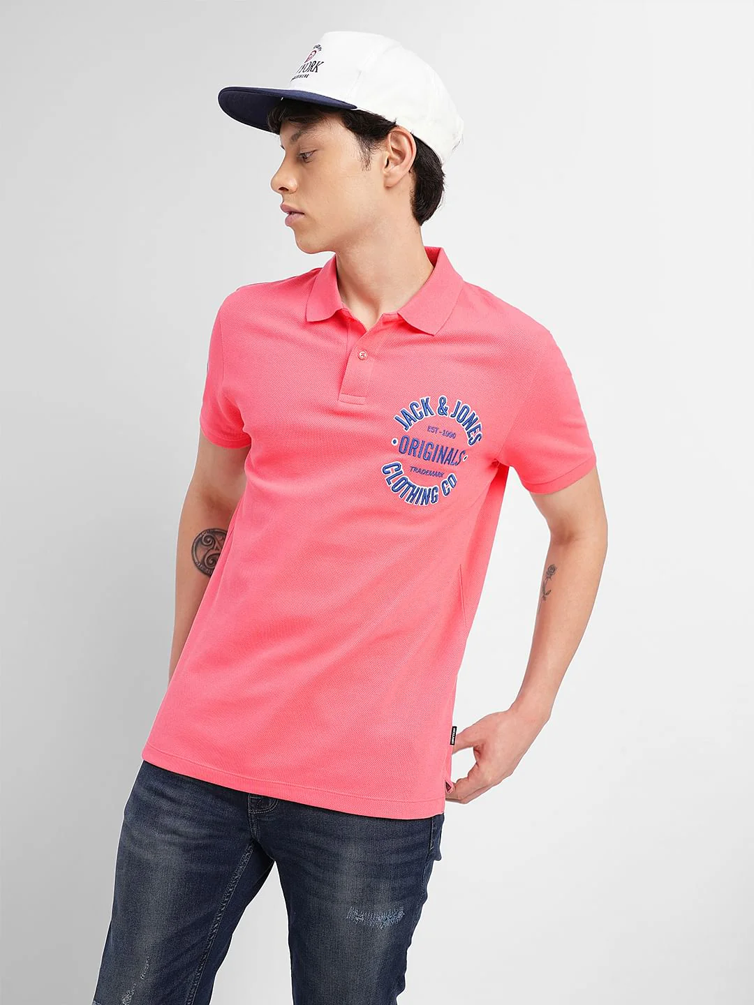 Pink Embroidered Print Polo T-shirt
