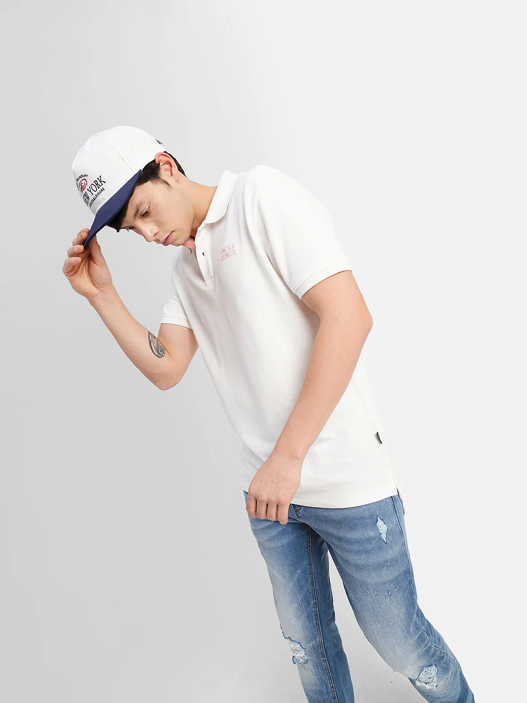 White Logo Print Polo Neck T-shirt