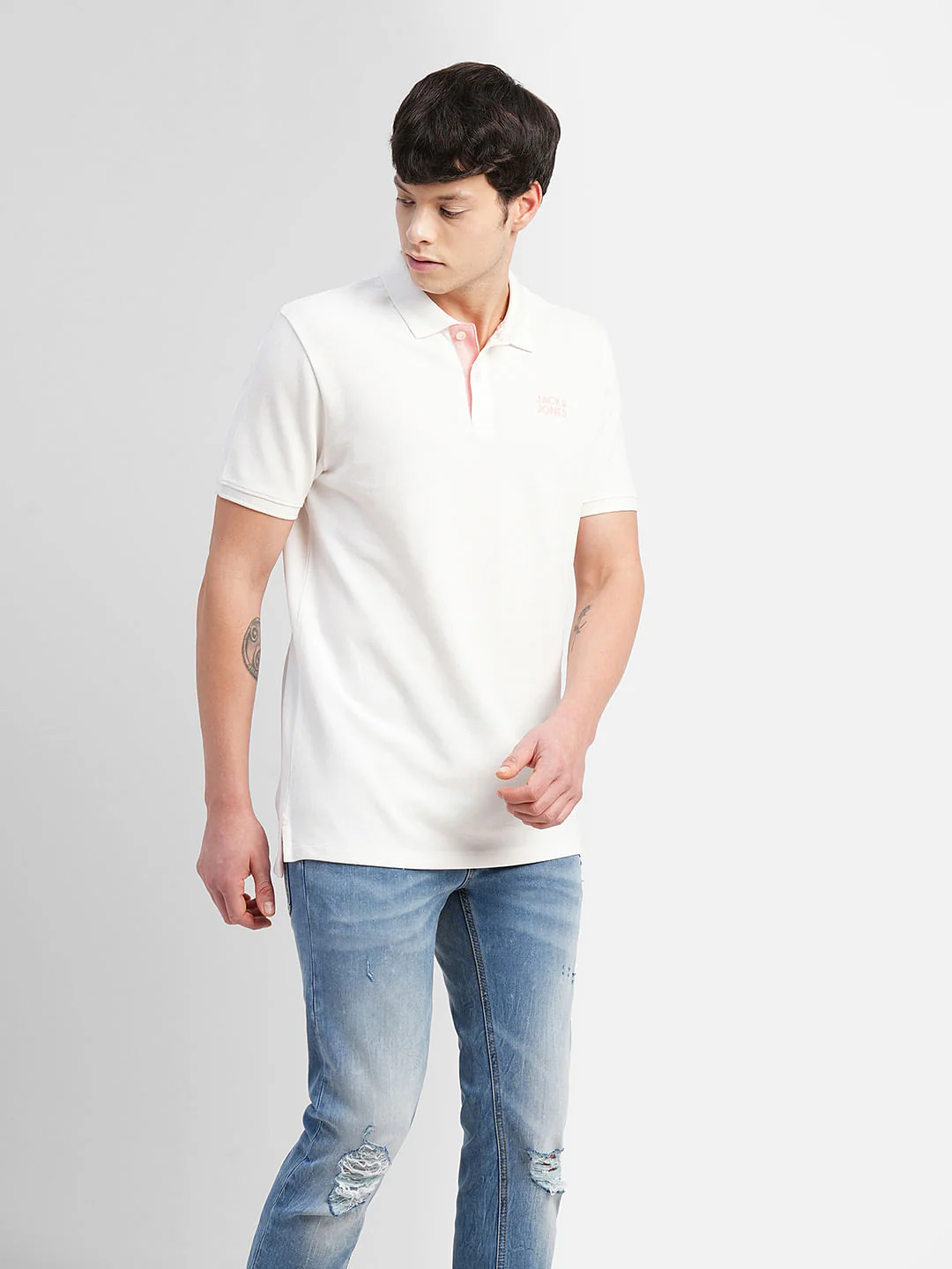 White Logo Print Polo Neck T-shirt - Image 2