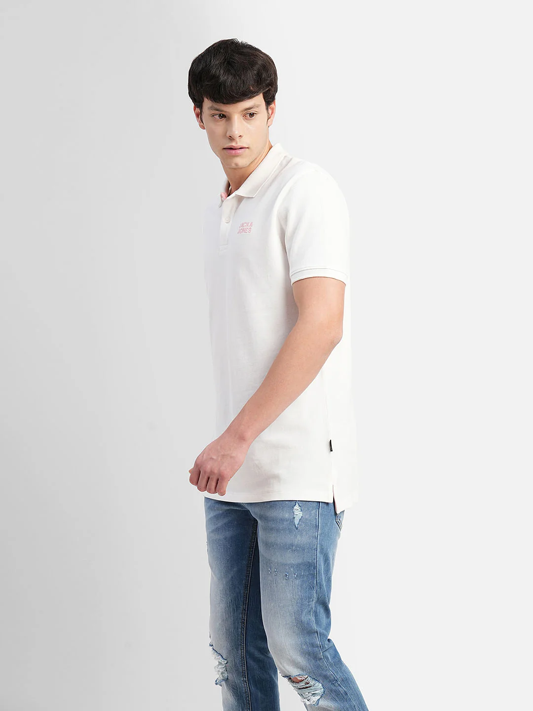 White Logo Print Polo Neck T-shirt - Image 3