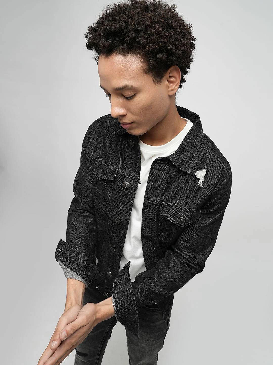 PRODUKT by JACK&JONES Black Distressed Cotton Denim Jacket