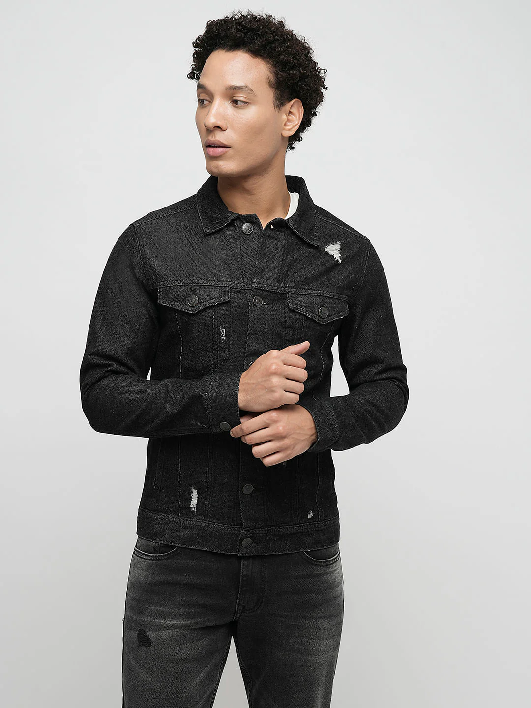 PRODUKT by JACK&JONES Black Distressed Cotton Denim Jacket - Image 2