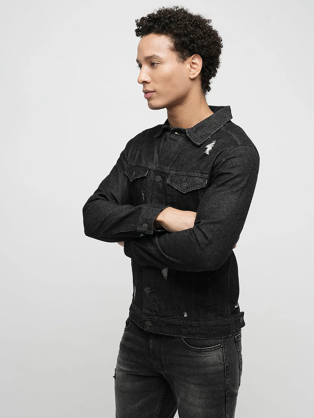 PRODUKT by JACK&JONES Black Distressed Cotton Denim Jacket - Image 3