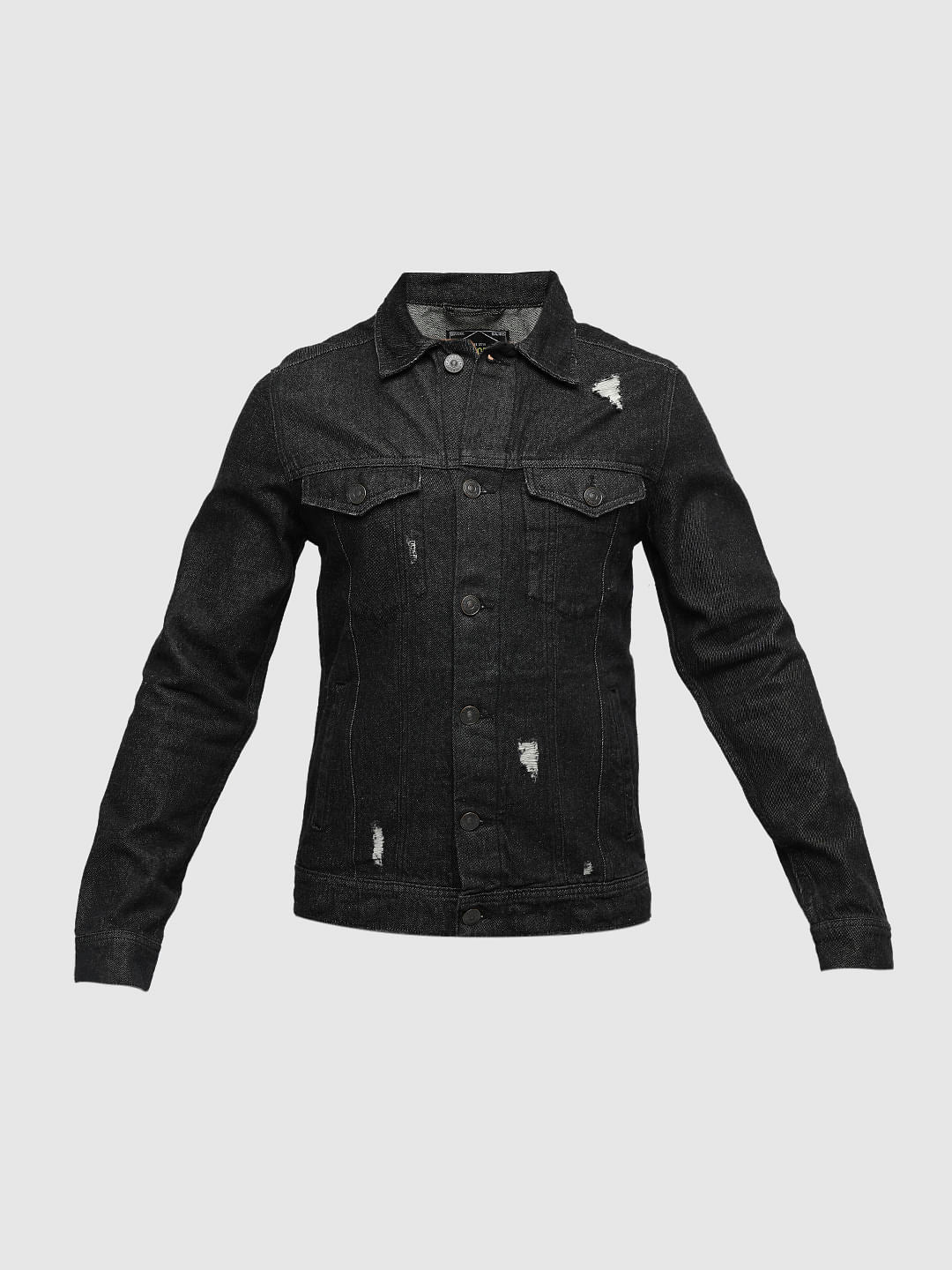 PRODUKT by JACK&JONES Black Distressed Cotton Denim Jacket - Image 7