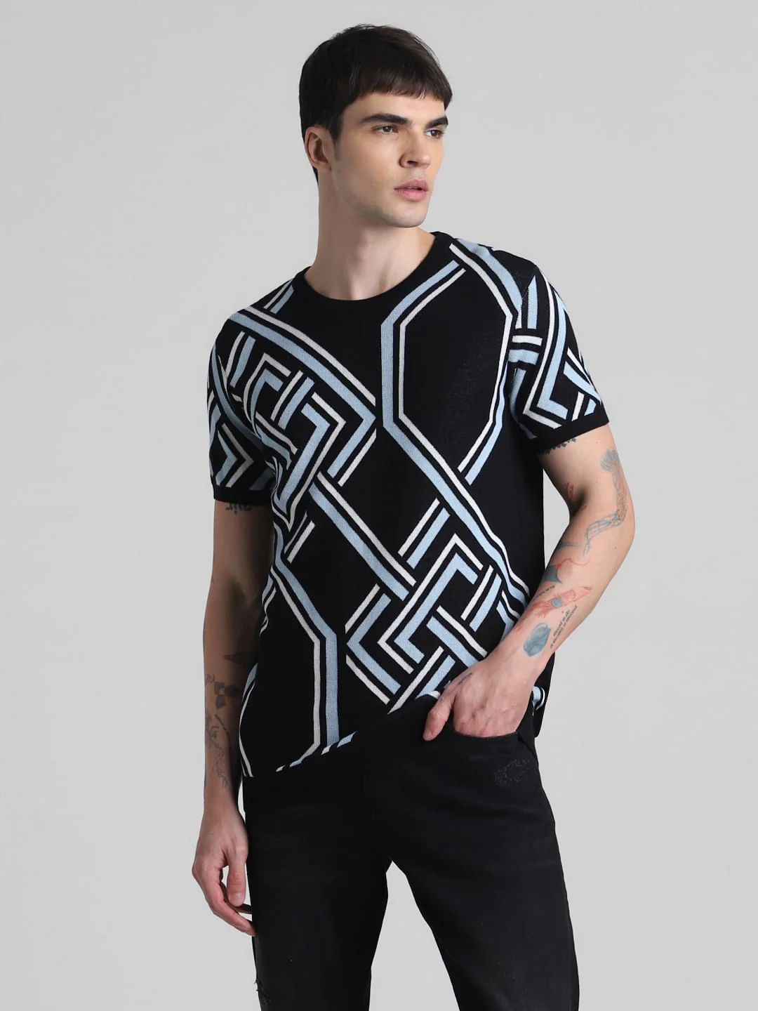 Black Printed Jacquard Knit T-shirt - Image 2