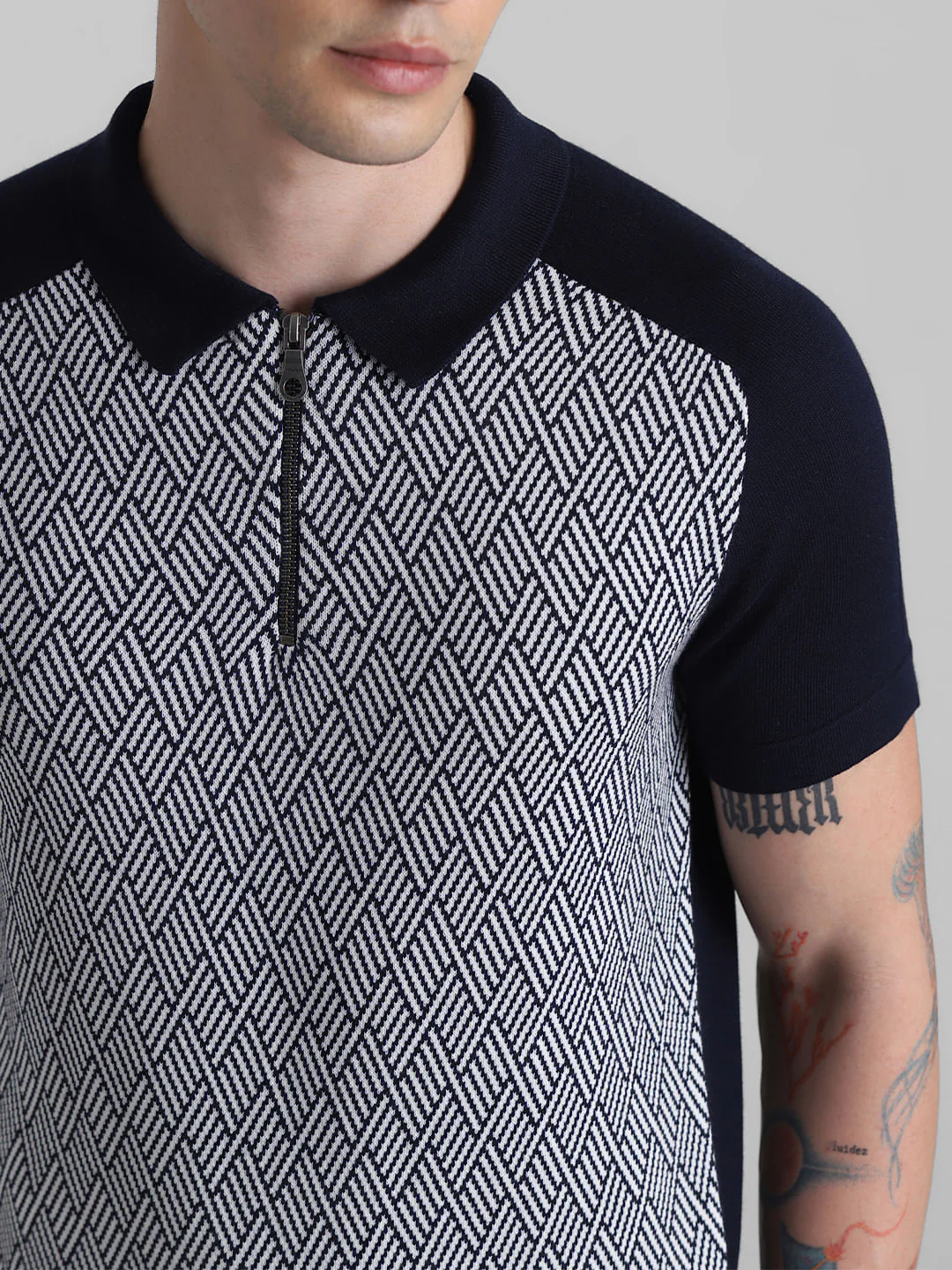 Blue Printed Zip Detail Knitted Polo - Image 5