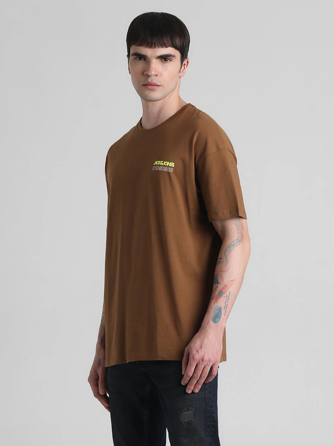 Brown Printed Oversized Crew Neck T-shirt - Image 3
