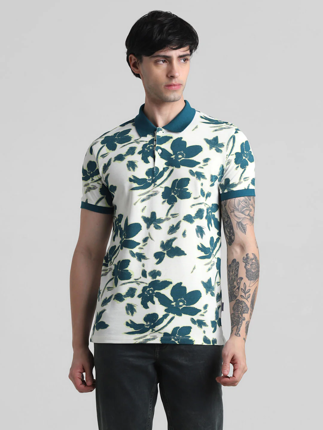 White Floral Print Polo T-Shirt - Image 2