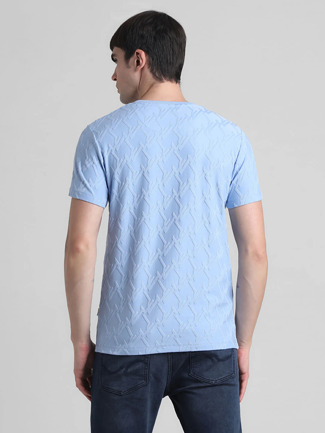 Blue Jacquard Crew Neck T-shirt - Image 4