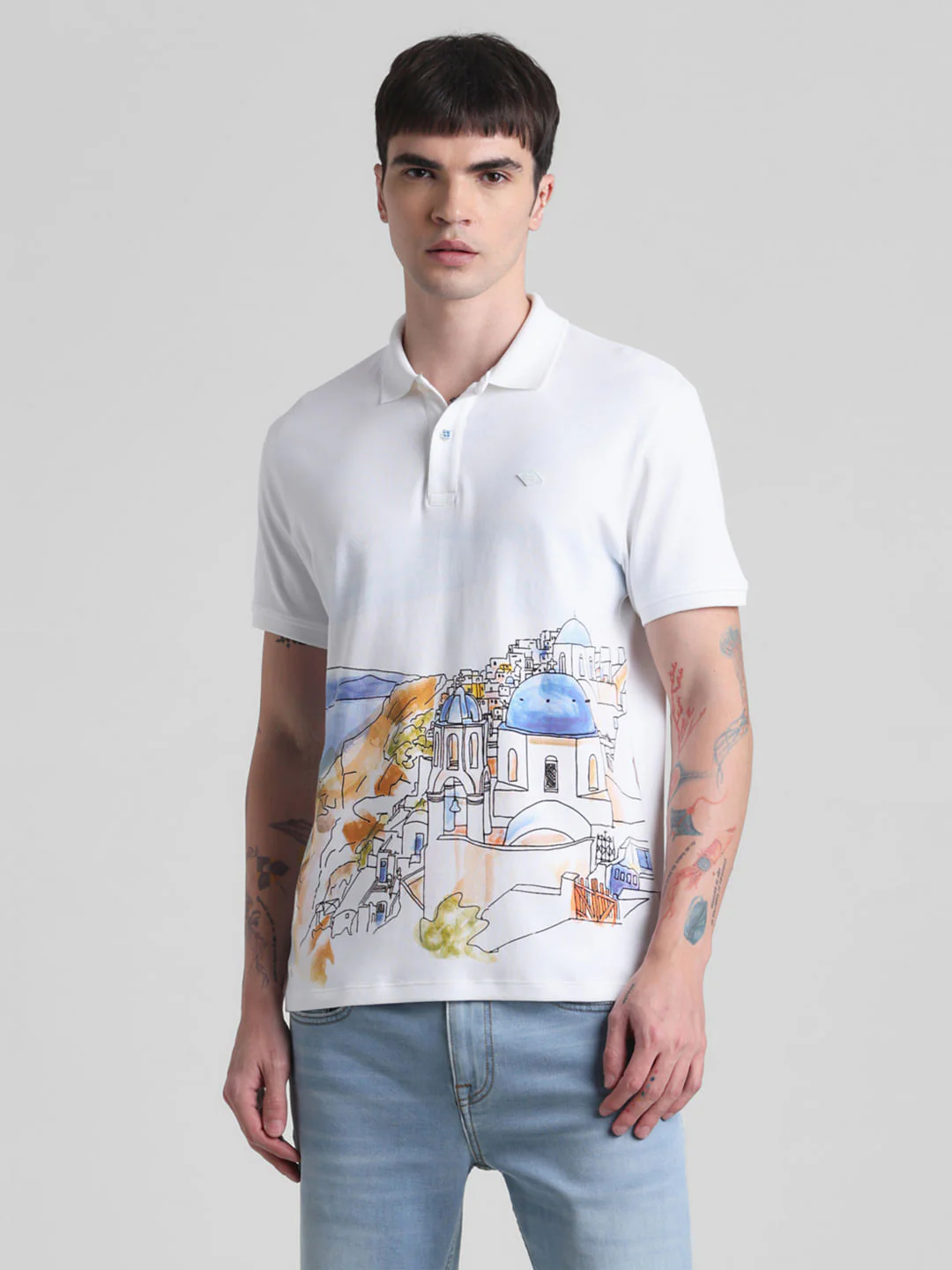 White Greece Print Polo T-shirt - Image 2