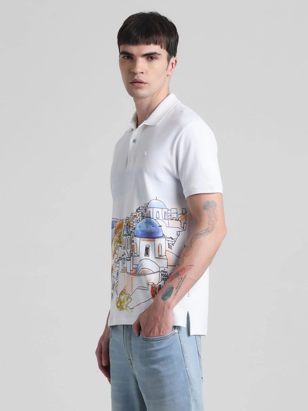 White Greece Print Polo T-shirt - Image 3