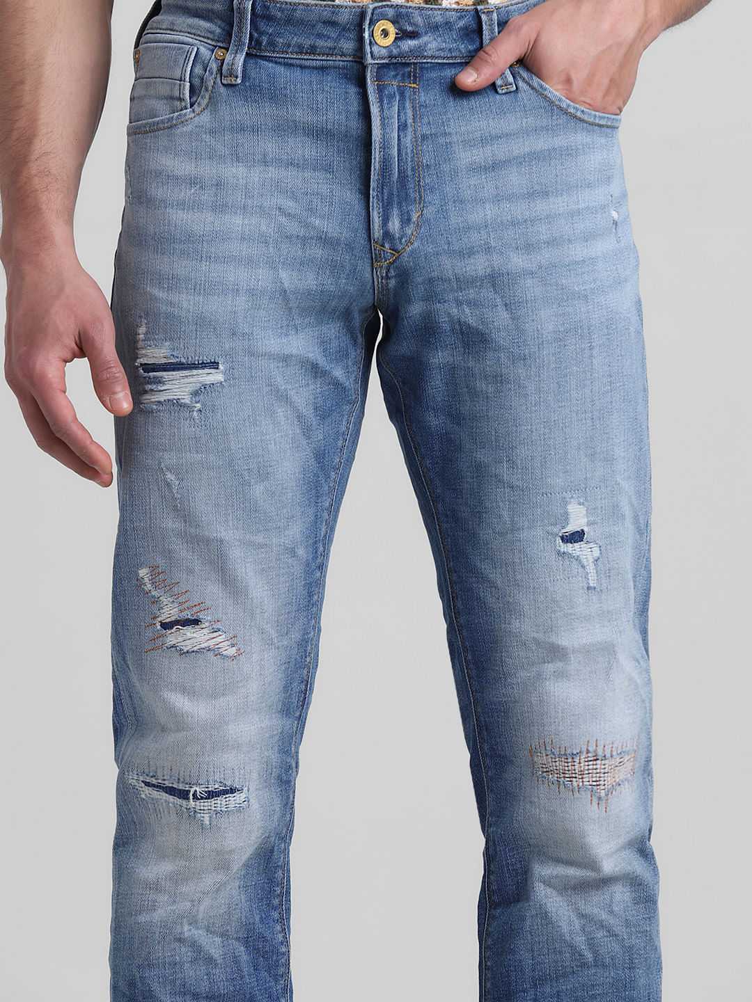 Light Blue Distressed Clark Regular Fit Jeans - Image 4