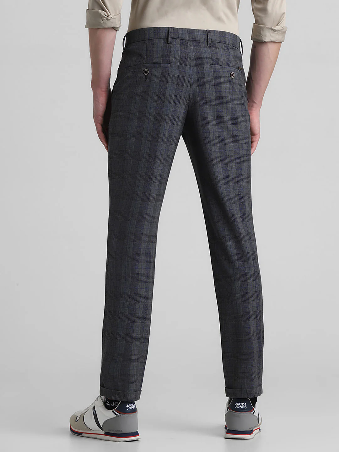 Dark Grey Mid Rise Check Print Pants - Image 3