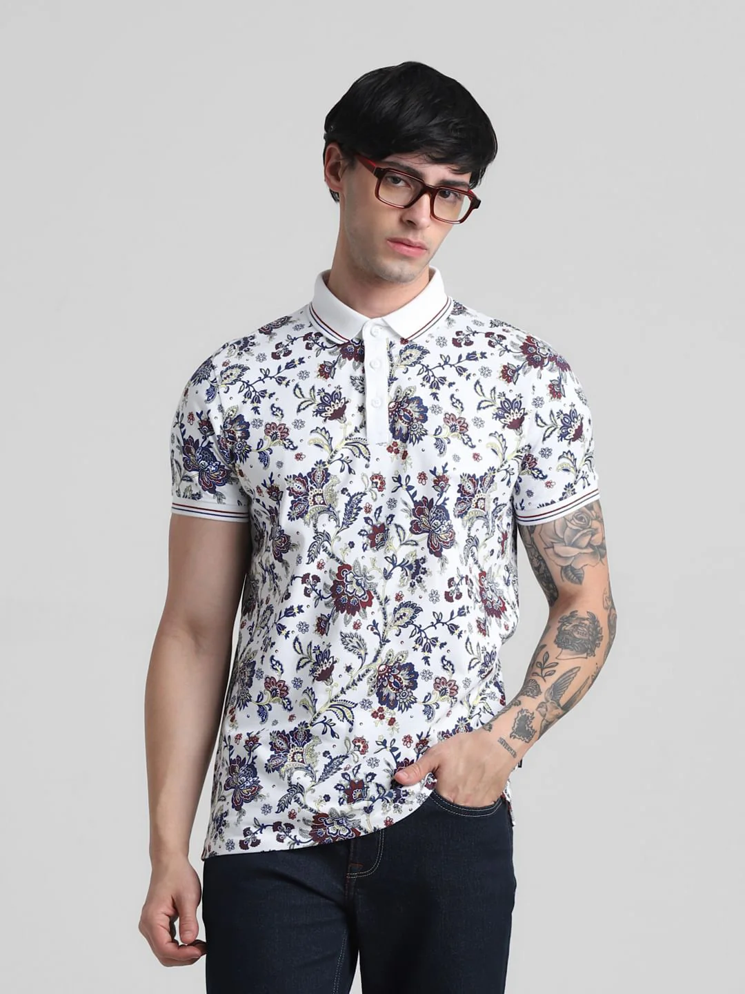 White Floral Print Polo T-shirt