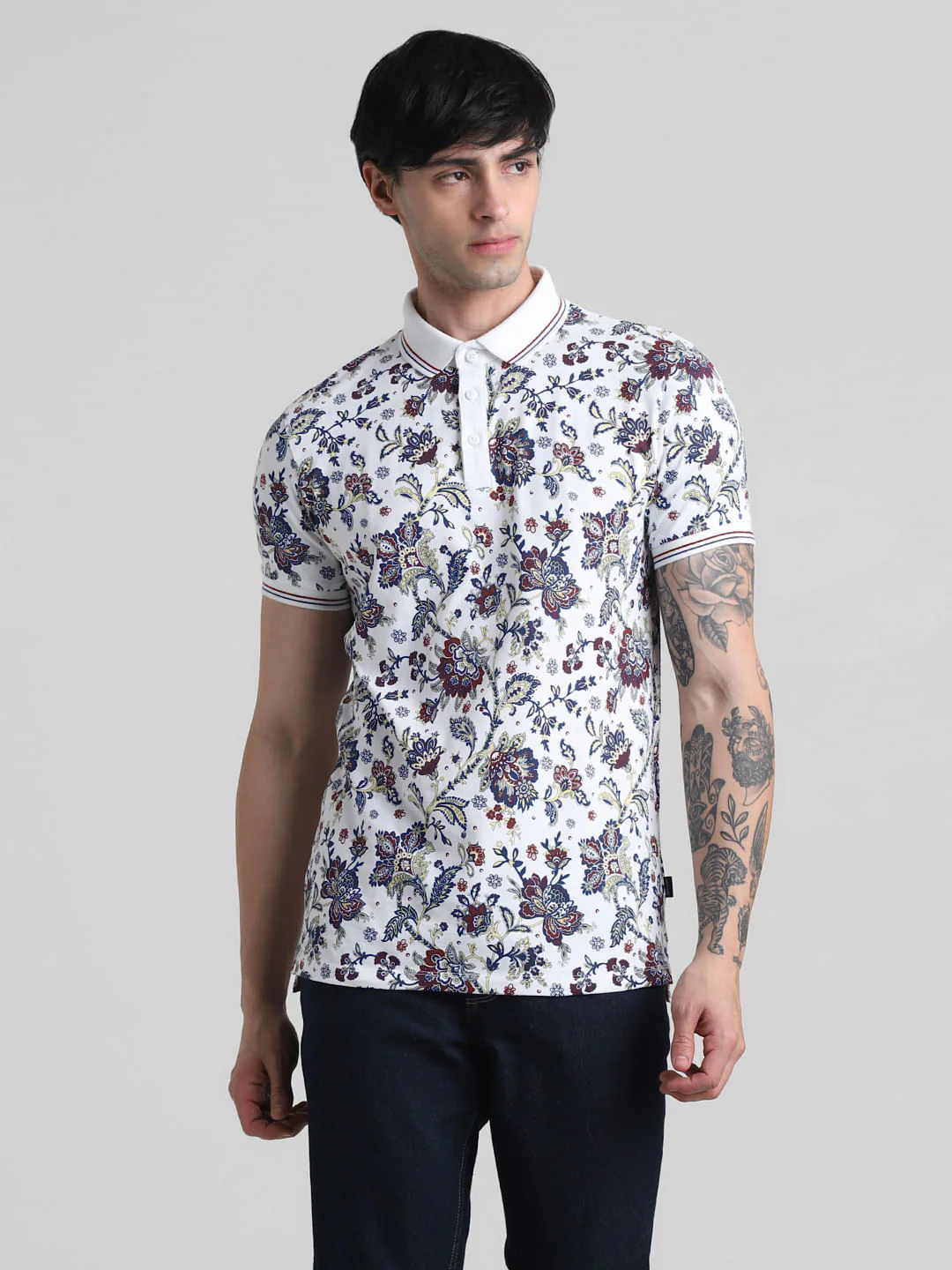 White Floral Print Polo T-shirt - Image 2
