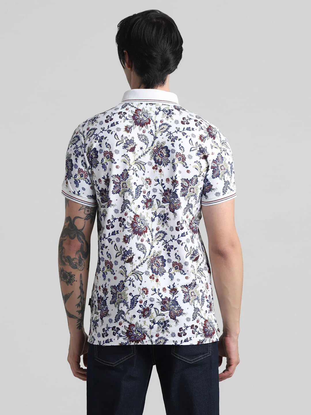 White Floral Print Polo T-shirt - Image 4